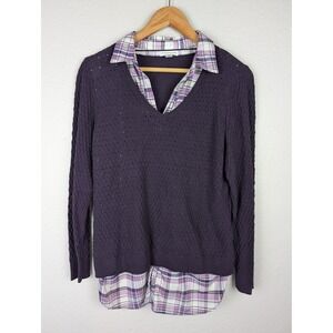Croft & Barrow Womens Layered Look Purple Plaid Knit Sweater V Neck Long Sleeve